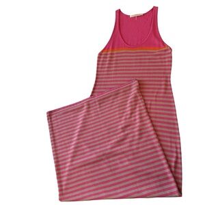 Trina Turk Long Maxi Dress Striped Pink, Tan, Scoop Neck, Sz Med, Flaw at Hem